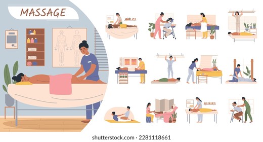 Types of massage set of flat isolated compositions with doodle characters of masseurs rubbing clients backs vector illustration