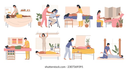 Types of massage set of flat isolated compositions with doodle characters of clients and massage therapists vector illustration