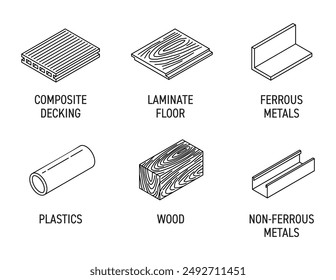 Types of materials for labeling of circular saw or other cutting tools - Composite decking, Laminate floor, Ferrous and Non-ferrous metals, Plastics, Wood. Isometric pictograms in thin line