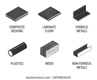 Types of materials for labeling of circular saw or other cutting tools - Composite decking, Laminate floor, Ferrous and Non-ferrous metals, Plastics, Wood. Isometric pictograms in monochrome style