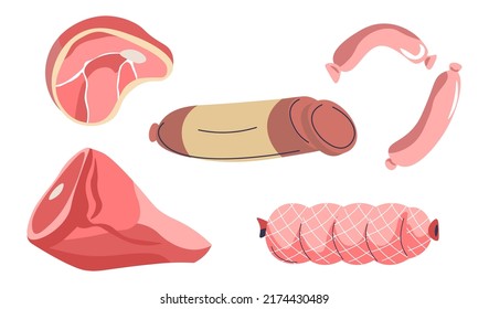 Types of meat products, isolated cut of pork or beef, chicken or veal for grilling and barbeque. Salami sausages and sirloin for cooking, preparing food high in protein. Vector in flat style