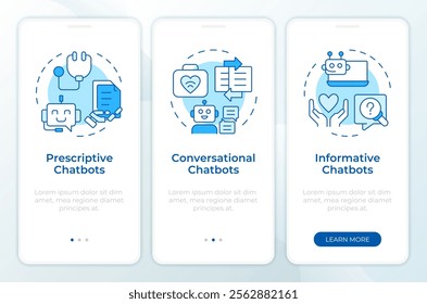 Types of medical chatbots blue onboarding mobile app screen. Walkthrough 3 steps editable graphic instructions with linear concepts. UI, UX, GUI template