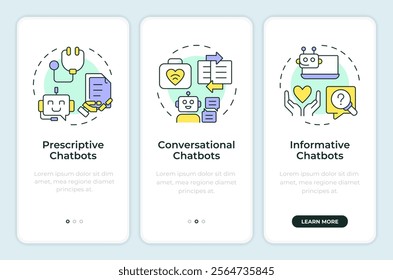 Types of medical chatbots onboarding mobile app screen. Walkthrough 3 steps editable graphic instructions with linear concepts. UI, UX, GUI template