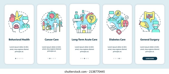 Types of medical services onboarding mobile app screen. Patient care walkthrough 5 steps graphic instructions pages with linear concepts. UI, UX, GUI template. Myriad Pro-Bold, Regular fonts used