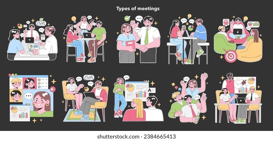 Types of Meetings set. Professionals engage in diverse discussions. Office desk collaboration, casual cafe chat, online webinar, brainstorming session, and presentation. Flat vector illustration.