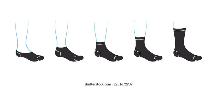 Tipos de calcetines para hombres. Se coloca con diferentes formas de calcetines. Iconos de ropa. Ilustración del vector