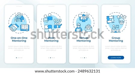Types of mentoring blue onboarding mobile app screen. Walkthrough 4 steps editable graphic instructions with linear concepts. UI, UX, GUI template