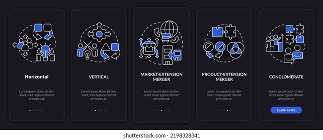 Types of mergers night mode onboarding mobile app screen. Processes walkthrough 5 steps editable graphic instructions with linear concepts. UI, UX, GUI template. Myriad Pro-Bold, Regular fonts used