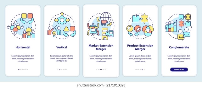 Types of mergers onboarding mobile app screen. Business processes walkthrough 5 steps editable graphic instructions with linear concepts. UI, UX, GUI template. Myriad Pro-Bold, Regular fonts used