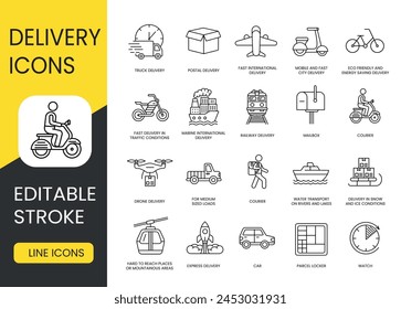 Tipos y métodos de iconos de línea de entrega establecidos con trazo editable, scooter y bicicleta, motocicleta y camioneta, camión y tren, avión y barco, trineo y dron, cohete y teleférico, Courie