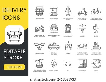 Tipos y métodos de iconos de línea de entrega establecidos con trazo editable, scooter y bicicleta, motocicleta y camioneta, camión y tren, avión y barco, trineo y dron, cohete y teleférico, Courie