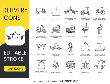 Tipos y métodos de iconos de línea de entrega establecidos con trazo editable, scooter y bicicleta, motocicleta y camioneta, camión y tren, avión y barco, trineo y dron, cohete y teleférico, Courie