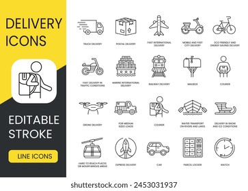 Tipos y métodos de iconos de línea de entrega establecidos con trazo editable, scooter y bicicleta, motocicleta y camioneta, camión y tren, avión y barco, trineo y dron, cohete y teleférico, Courie