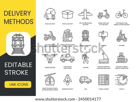 Types and methods of delivery line icons set with editable stroke, Scooter and Bicycle, Motorcycle and Pickup truck, Truck and Train, Airplane and Ship, Sled and Drone, Rocket and Cable car, Courie