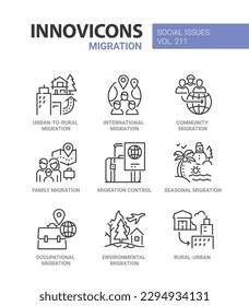 Types of migration - line design style icons set. Moving from the city to the countryside, international, family, occupational and seasonal change of residence. Documents and passport control,