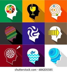 Types of mind in man head icons set,flat style