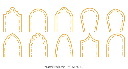 Types of minimalist arch architectural designs. Collection of simple door and window arch line designs in golden yellow