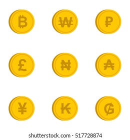 Types of money icons set. Flat illustration of 9 types of money vector icons for web