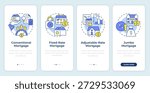 Types of mortgages onboarding mobile app screen. House price. Walkthrough 4 steps editable graphic instructions with linear concepts. UI, UX, GUI
