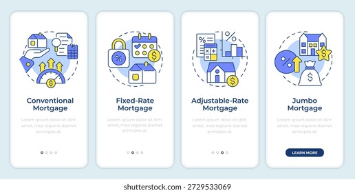 Types of mortgages onboarding mobile app screen. House price. Walkthrough 4 steps editable graphic instructions with linear concepts. UI, UX, GUI