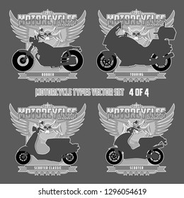 Types of motorcycles in the form of silhouettes. Motorcycles are located on separate layers and can be used without framing.

