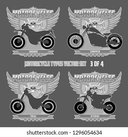 Types of motorcycles in the form of silhouettes. Motorcycles are located on separate layers and can be used without framing.
