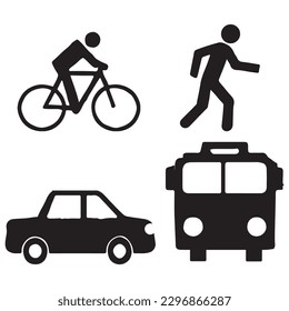 Tipos de movimiento y conjunto de iconos de transporte. A pie, en bicicleta, en coche o en transporte público.