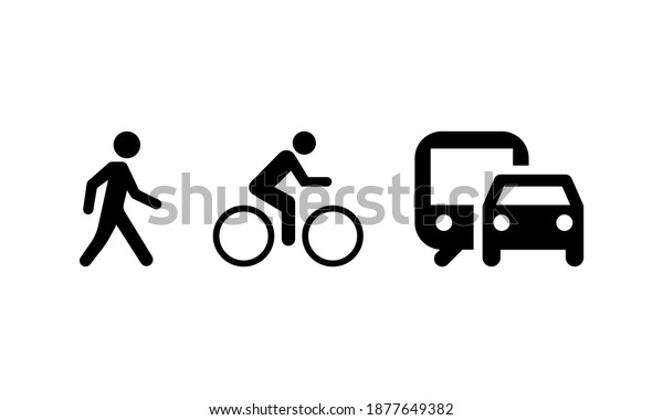 Types of movement and\
transport icon set. On foot by bike and by car or by public\
transport. Vector EPS 10