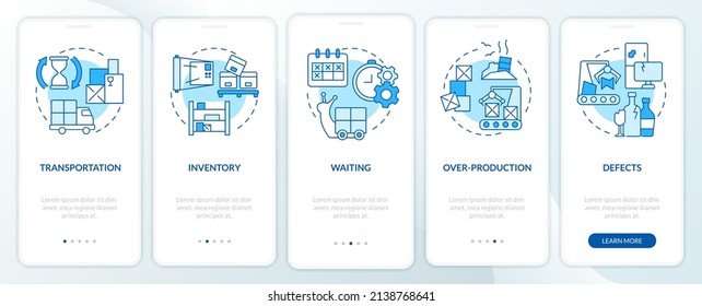 Types of muda blue onboarding mobile app screen. Production waste walkthrough 5 steps graphic instructions pages with linear concepts. UI, UX, GUI template. Myriad Pro-Bold, Regular fonts used