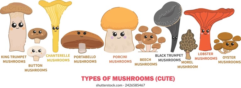 Types of mushrooms,cute mushrooms cartoon,vector isolated set,mushrooms cute cartoon,tasty food,