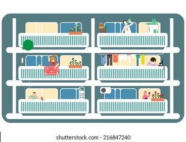 types of neighbors characters in multistory building on balconies flat illustration