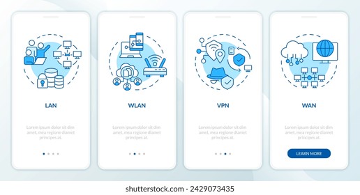 Types of network blue onboarding mobile app screen. Walkthrough 4 steps editable graphic instructions with linear concepts. UI, UX, GUI template. Myriad Pro-Bold, Regular fonts used