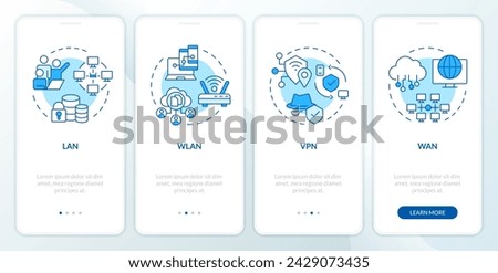 Types of network blue onboarding mobile app screen. Walkthrough 4 steps editable graphic instructions with linear concepts. UI, UX, GUI template. Myriad Pro-Bold, Regular fonts used
