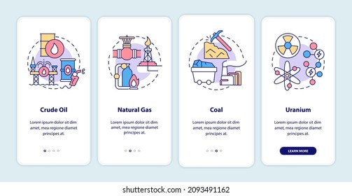 Types of nonrenewable energy sources onboarding mobile app page screen. Ecology walkthrough 4 steps graphic instructions with linear concepts. UI, UX, GUI template. Myriad Pro-Bold, Regular fonts used