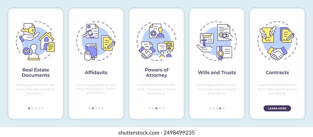 Tipos de documentos de notarización que incorporan la pantalla del App móvil. Instrucciones gráficas editables de 5 pasos con conceptos lineales. PLANTILLA UI, UX, GUI