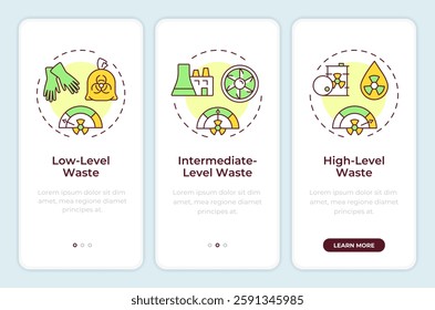 Types of nuclear waste onboarding mobile app screen. Walkthrough 3 steps editable graphic instructions with linear concepts. UI, UX, GUI template