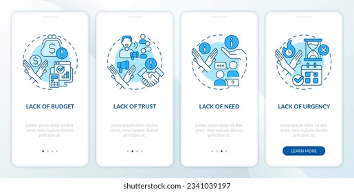 Types of objections blue onboarding mobile app screen. Sales negotiation walkthrough 4 steps editable graphic instructions with linear concepts. UI, UX template. Myriad Pro-Bold, Regular fonts used