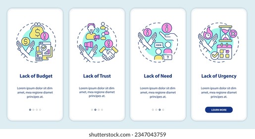 Tipos de objeciones en la pantalla de aplicación móvil. Recorrido de técnicas de venta 4 pasos instrucciones gráficas editables con conceptos lineales. UI, UX, plantilla GUI. Multitud de tipos de letra Pro-Bold, con uso regular