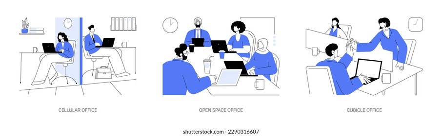 Types of offices abstract concept vector illustration set. Cellular office, open space working environment, colleagues in cubicle modern workplace, employees lifestyle abstract metaphor.