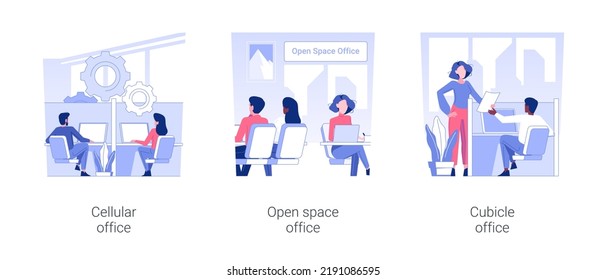 Types of offices isolated concept vector illustration set. Cellular office, open space working environment, colleagues in cubicle modern workplace, employees lifestyle vector cartoon.