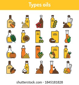 Types oils glass bottles color line icons set. Natural, healthy vegetarian food. Pictograms for web page, mobile app, promo. UI/UX/GUI design element. Editable stroke.