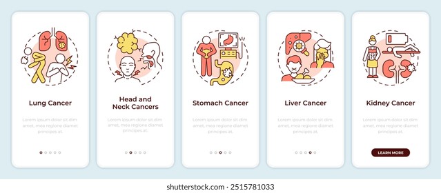 Tipos de doenças oncológicas onboarding tela de aplicativo móvel. Passo a passo 5 passos instruções gráficas editáveis com conceitos lineares. UI, UX, modelo de GUI