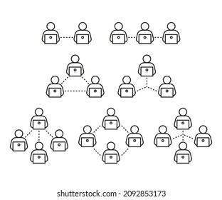 Types of online communication. Pairs, triples, quarters of united people. Remote online meeting teamwork in global communication, outline. Interaction in social networks. Vector illustration