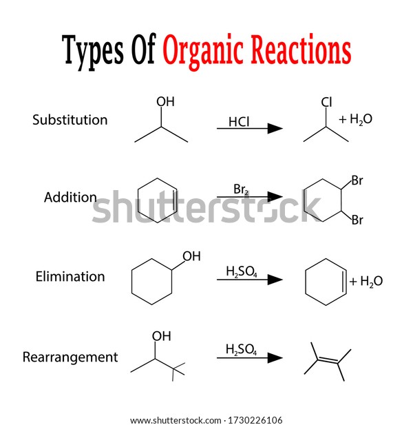 Types of Organic reactions chemistry, science atoms
and ions vector stock