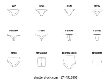 Types of panties for women. Underwear set vector technical design illustration.