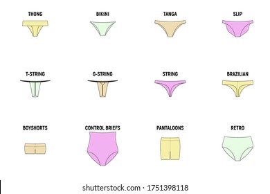 Tipos de bragas para las mujeres. Ilustración vectorial. Retro, deslizamiento, tanga, garganta, pantaloones, calzoncillos de control, corsé de cuerdas brasileñas boshorts bikini