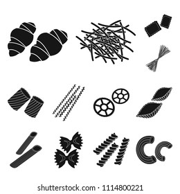 Types of pasta black icons in set collection for design. Figured macaroni for eating vector symbol stock web illustration.