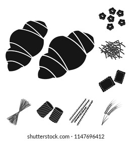 Types of pasta black icons in set collection for design. Figured macaroni for eating vector symbol stock web illustration.