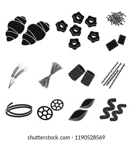 Types of pasta black icons in set collection for design. Figured macaroni for eating vector symbol stock web illustration.
