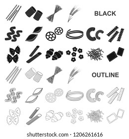 Types of pasta black icons in set collection for design. Figured macaroni for eating vector symbol stock web illustration.